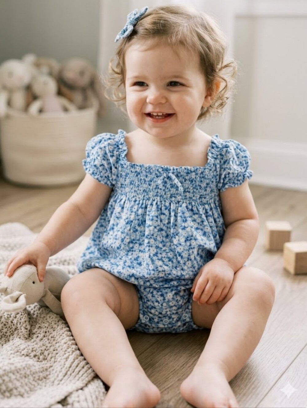 Janie & Jack Baby Blue Floral Smocked Romper 18-24 Month